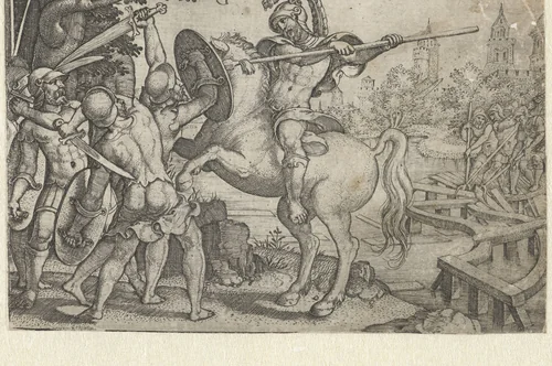 Horatius Cocles verdedigt de brug over de Tiber by Unknown, print, 1546-1547