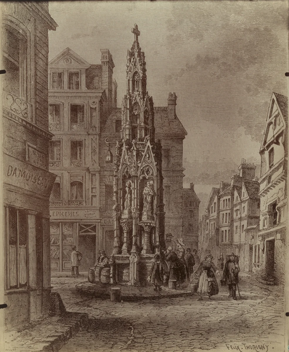 Rouen. Fontaine Croix De Pierre. (Reproduction of print by Felix Thorigny) by Eugène Atget, photograph, 1907