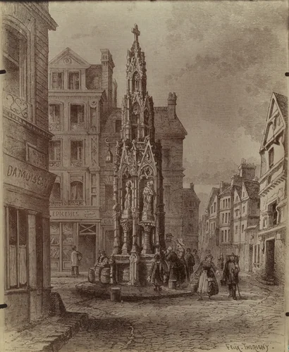 Rouen. Fontaine Croix De Pierre. (Reproduction of print by Felix Thorigny) by Eugène Atget, photograph, 1907