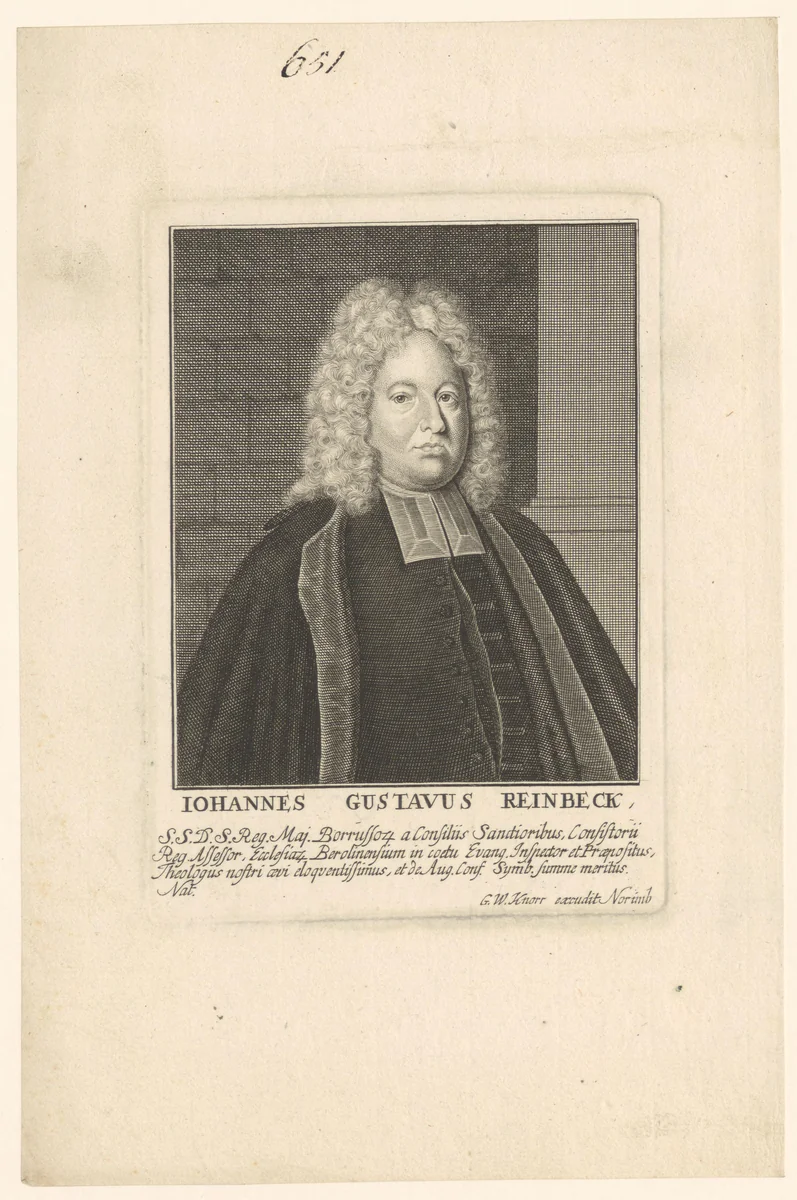 Portret van Johann Gustav Reinbeck by Georg Wolfgang Knorr, print, 1715-1761