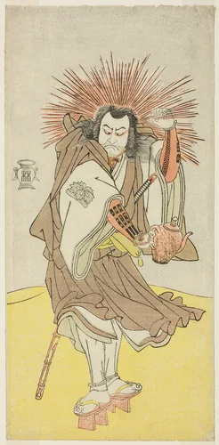 The Actor Nakayama Kojuro VI as Osada no Taro Kagemune (in Reality Hatcho Tsubute no Kiheiji), in the Guise of a Lamplighter of Gion Shrine, in Act Three from Part One of the Play Yukimotsu Take Furisode Genji (Snow-Covered Bamboo: Genji in Long Sleeves), Performed at the Nakamura Theater from the First Day of the Eleventh Month, 1785 by Katsukawa Shunsho (勝川 春章), print, 1780-1790