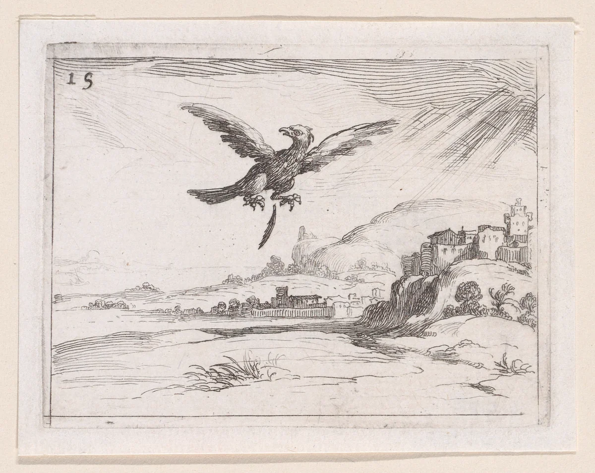 Un Aigle Jetant une Vieille Plume (An Eagle Dropping an Old Feather), plate 15 from "Lux Claustri ou La Lumière du Cloitre" (The Light of the Cloisters) by Jacques Callot, print, 1621-1635