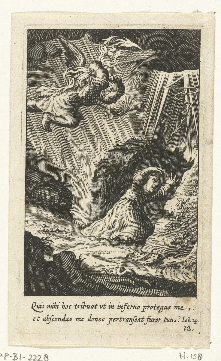 Kind schuilt voor onweer in grot by Boëtius Adamsz. Bolswert, print, 1590-1624