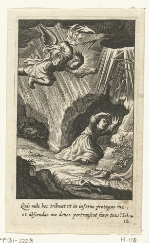 Kind schuilt voor onweer in grot by Boëtius Adamsz. Bolswert, print, 1590-1624