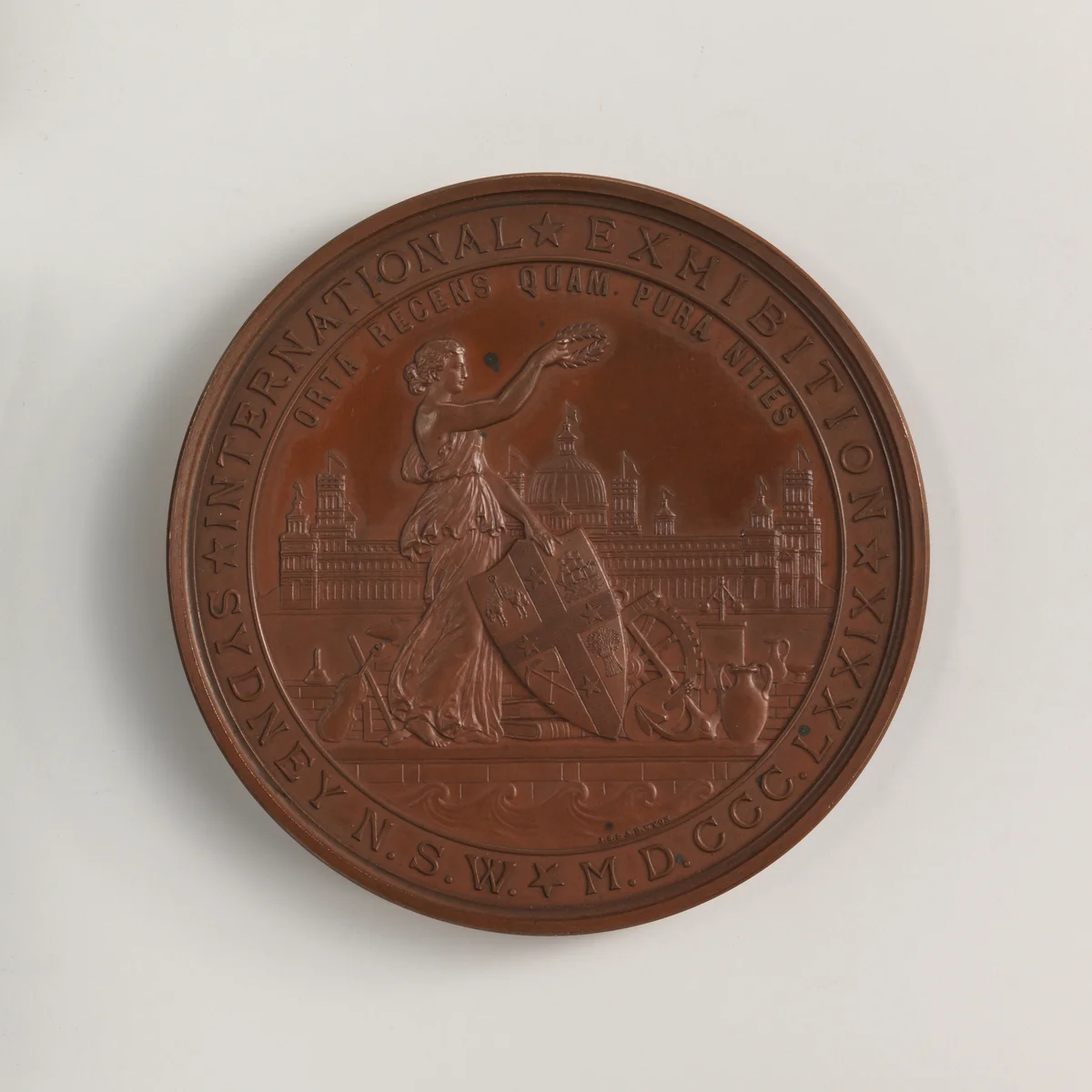 Sydney International Exhibition Medal by Alfred Benjamin Wyon, metalwork, 1879