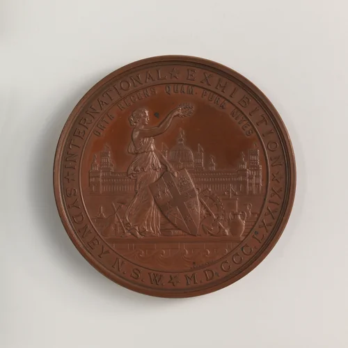 Sydney International Exhibition Medal by Alfred Benjamin Wyon, metalwork, 1879