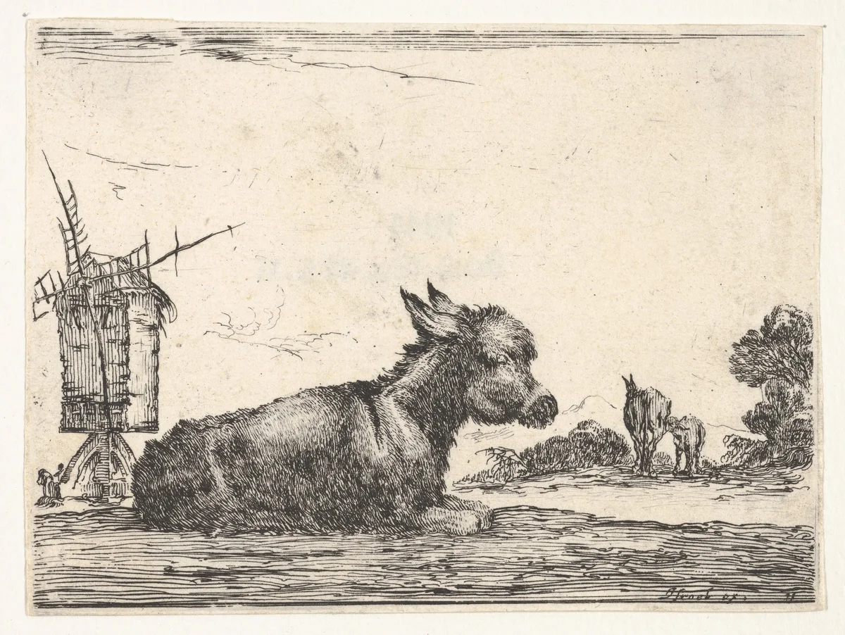 Plate 11: a resting donkey, a horse and a foal to right and a windmill to left in the background, from "Various Figures" (Agréable diversité de figures) by Stefano della Bella, print, 1642