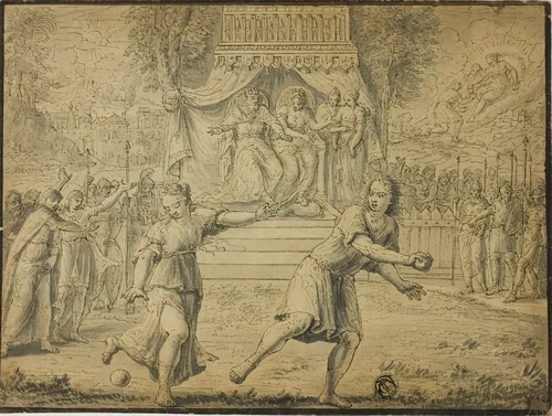 Atlanta Racing Hippomenes by Marten de Vos, drawing, 1500-1799