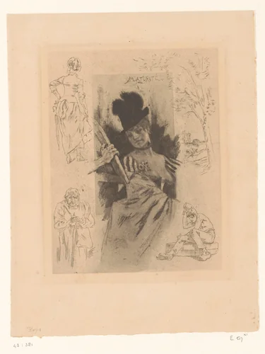 Vrouw kijkt in de spiegel die haar voorgehouden wordt by Félicien Rops, print, 1887