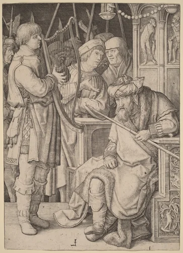 David Playing the Harp before Saul by Lucas van Leyden, print, 1508