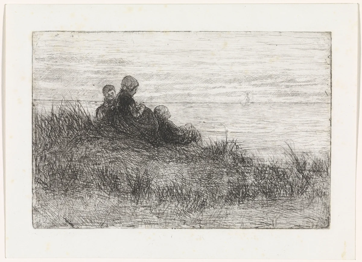 Duinlandschap met moeder en kinderen by Jozef Israëls, print, 1835-1910