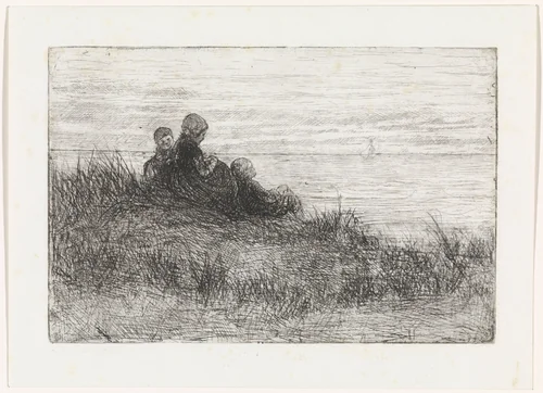 Duinlandschap met moeder en kinderen by Jozef Israëls, print, 1835-1910