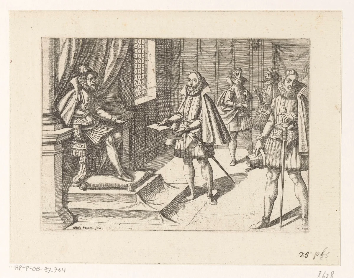 Filips II van Spanje op zijn troon by Unknown, print, 1565-1630
