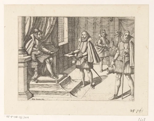 Filips II van Spanje op zijn troon by Unknown, print, 1565-1630