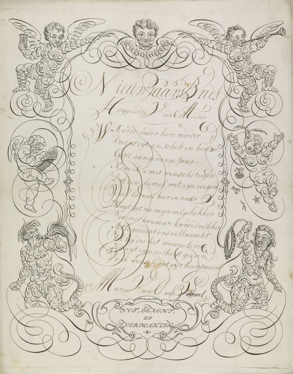 Wensbrief met engelen, een zeegod en een vrouw met een spiegel by anonymous, print, 1700-1899