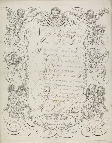 Wensbrief met engelen, een zeegod en een vrouw met een spiegel by anonymous, print, 1700-1899