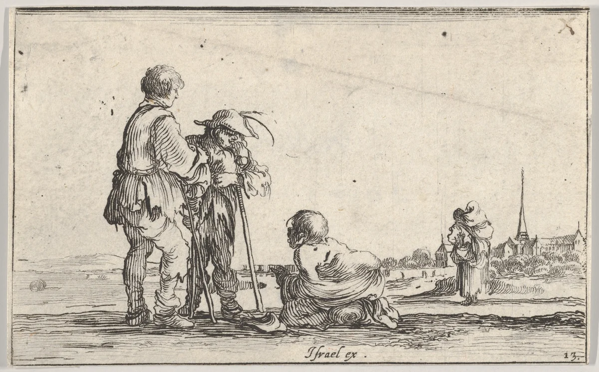 Plate 13: Two peasants standing to left, a cripple kneeling on the ground in center, a woman carrying a child seen from behind to right in middleground, a church to right in background, from "Caprice faict par de la Bella" by Stefano della Bella, print, 1640-1645
