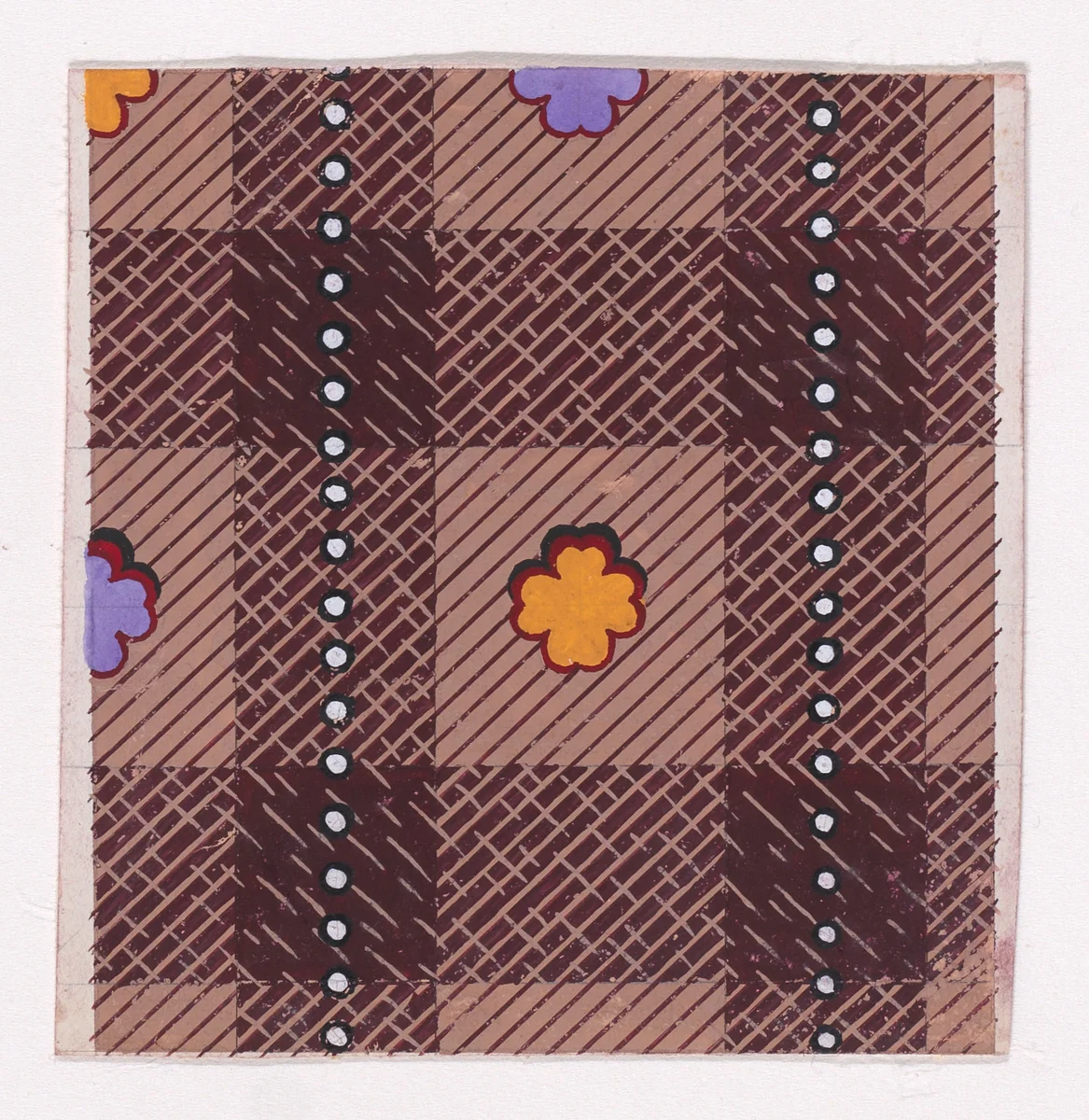 Textile Design with a Tartan Pattern Decorated with Stylized Clovers and Vertical Strips of Pearls by anonymous, drawing, 1840