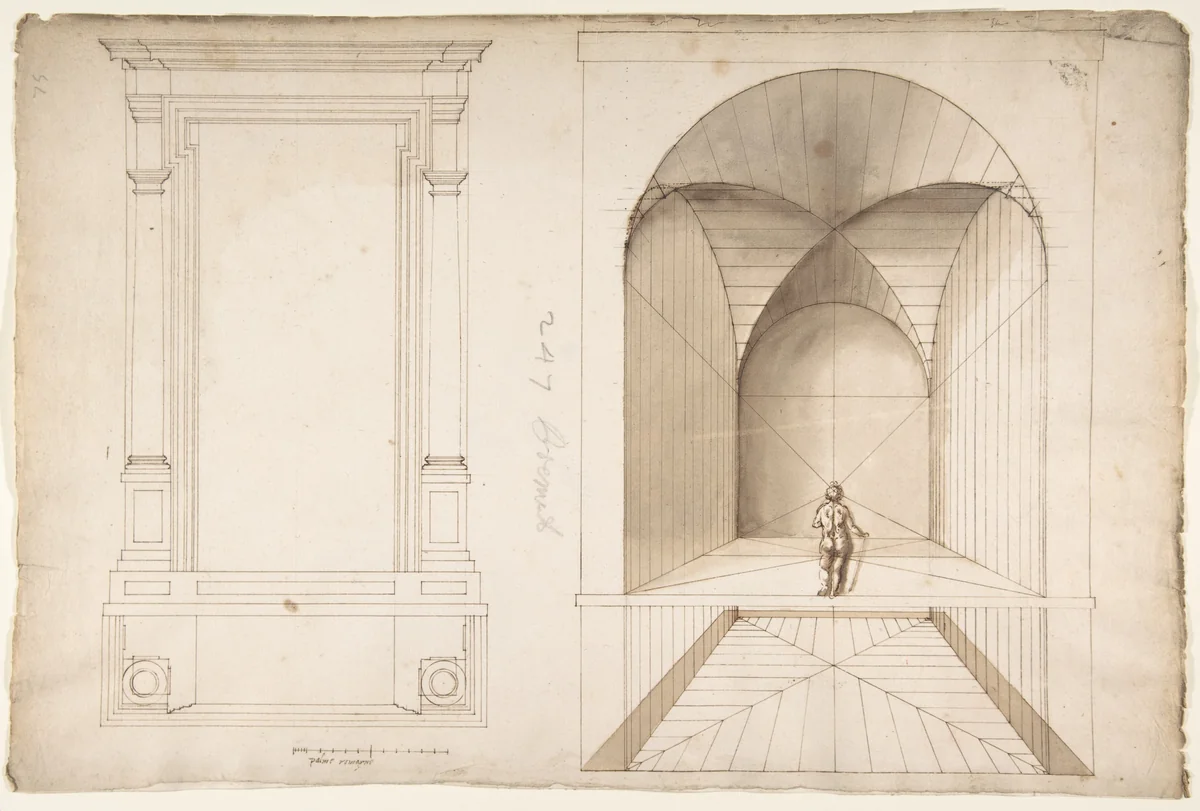Unknown, portal or niche, plan and elevation; perspective study, interior, square chamber with cross-vault, with a scale figure (recto); blank (verso) by anonymous, drawing, 1500-1560