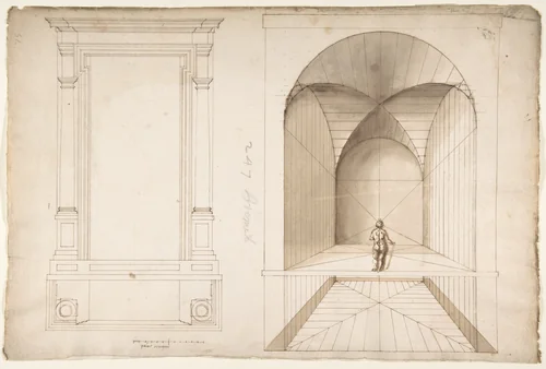 Unknown, portal or niche, plan and elevation; perspective study, interior, square chamber with cross-vault, with a scale figure (recto); blank (verso) by anonymous, drawing, 1500-1560