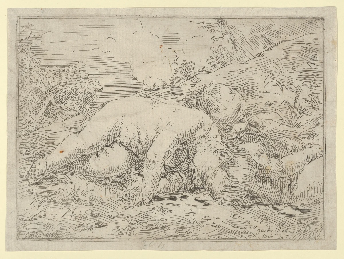 Two putti sleeping in a landscape, after Reni by anonymous, print, 1637