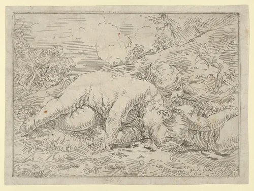 Two putti sleeping in a landscape, after Reni by anonymous, print, 1637