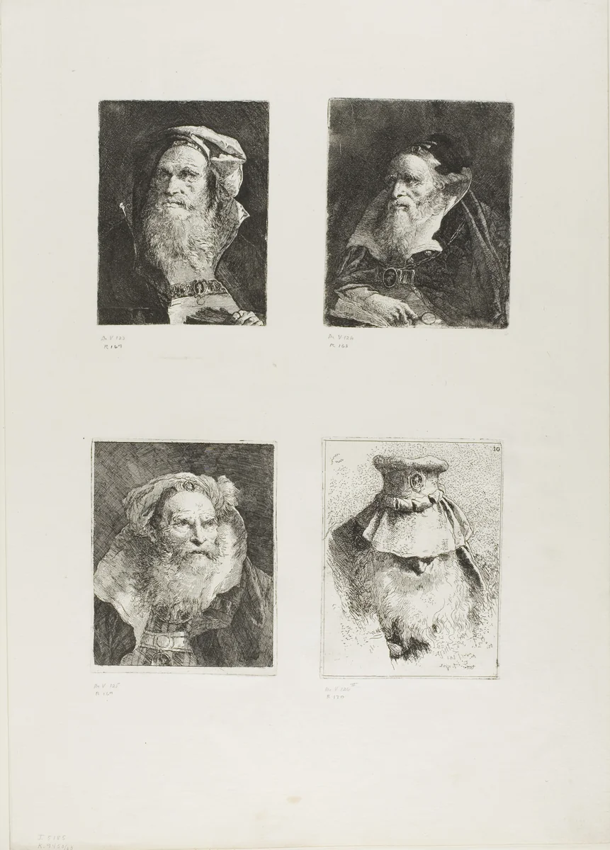 Old Man with a Book, Old Man with a Magnifying Glass, Old Man Meditating, Old Man with a Large Hat by Giovanni Domenico Tiepolo, print, 1775