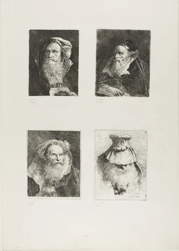 Old Man with a Book, Old Man with a Magnifying Glass, Old Man Meditating, Old Man with a Large Hat by Giovanni Domenico Tiepolo, print, 1775