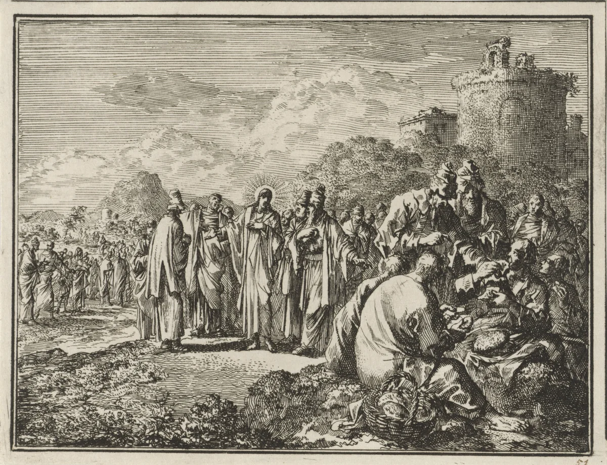 Farizeeën wijzen Christus op de discipelen die eten met ongewassen handen by Jan Luyken, print, 1712