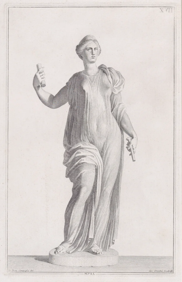 Plate XVII (17): A Muse, from "Museum Florentinum" (Statuae antiquae dorum et virorum illustrium) by Carlo Orsolini, print, 1734