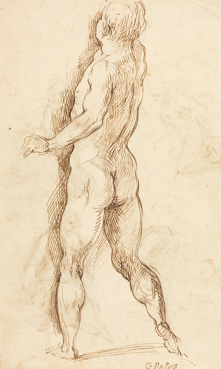 Nude Man Seen from Behind [verso] by Jacopo Palma il Giovane, drawing, 1548-1628