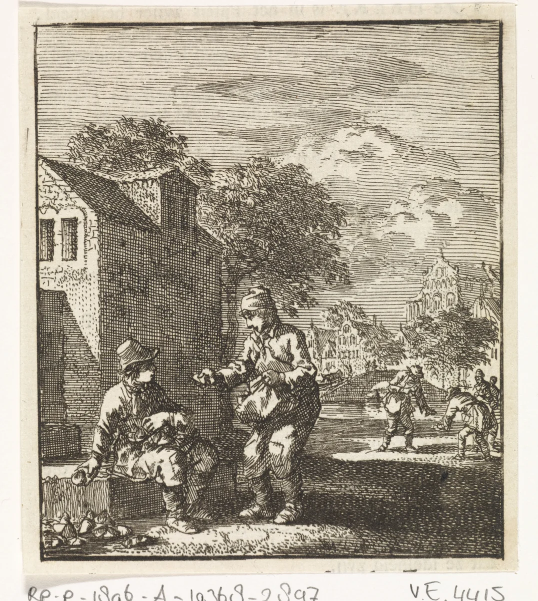Jongen toont zijn vriend een gevonden voorwerp by Jan Luyken, print, 1712