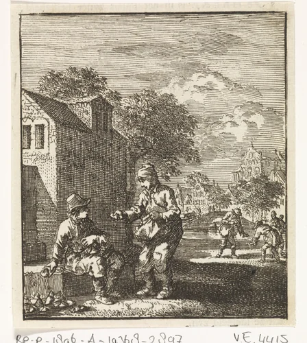 Jongen toont zijn vriend een gevonden voorwerp by Jan Luyken, print, 1712