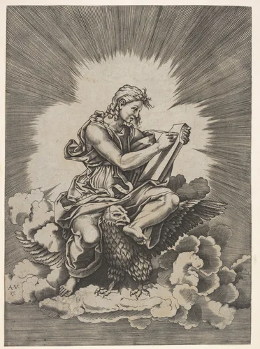 St. John, seated and holding a writing instrument to a tablet, an eagle with outstretched wings below his legs, from a series of the four evangelists after Agostino Veneziano, which are in turn after Giulio Romano by anonymous, print, 1518