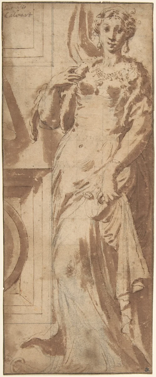 Standing Female Figure and Ornamental Framework by Girolamo Mazzola Bedoli, drawing, 1542-1552