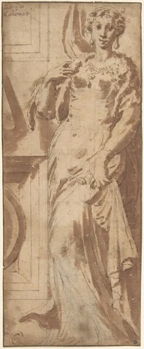 Standing Female Figure and Ornamental Framework by Girolamo Mazzola Bedoli, drawing, 1542-1552