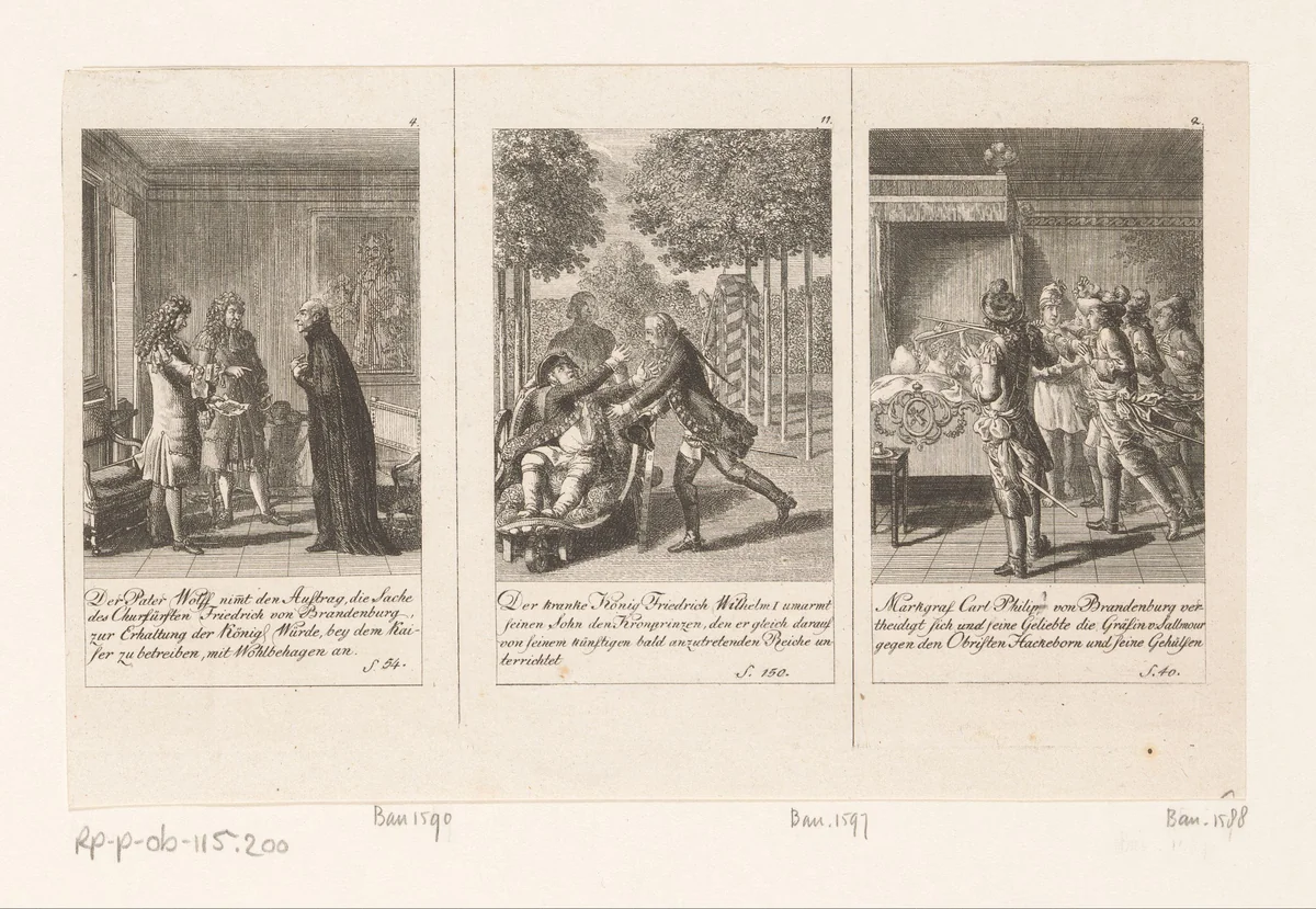 Drie voorstellingen uit de Brandenburgse geschiedenis by Daniel Nikolaus Chodowiecki, print, 1792