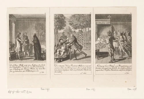 Drie voorstellingen uit de Brandenburgse geschiedenis by Daniel Nikolaus Chodowiecki, print, 1792