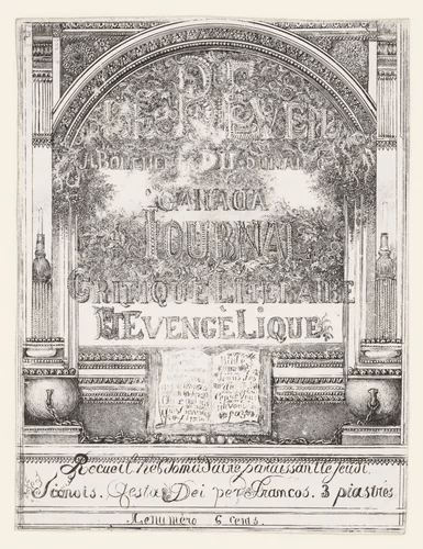 Titelprent met titel Le Réveil du Canada in omlijsting met architectuur ornamenten en opengeslagen bijbel by Rodolphe Bresdin, print, 1871-1874