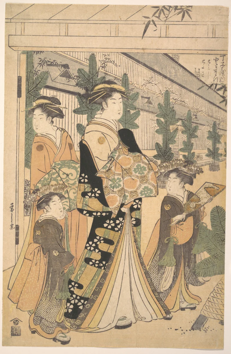 Two Oiran with Two Female Attendants in the Yoshiwara by Chōbunsai Eishi (鳥文斎栄之), print, 1756-1829