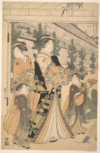Two Oiran with Two Female Attendants in the Yoshiwara by Chōbunsai Eishi (鳥文斎栄之), print, 1756-1829