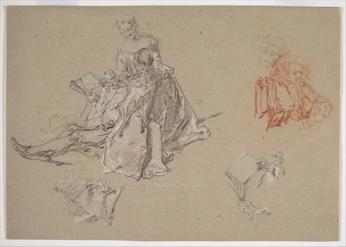 Studies of a Couple Seated on the Ground, Looking at a Songbook by Nicolas Lancret, drawing, 1735-1745