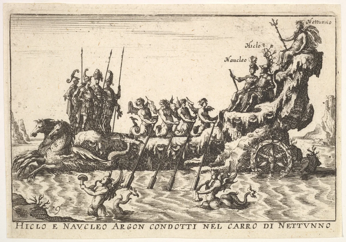 Plate 9: Argonauts Hicleus and Naucleus led in the float of Neptune (Hicleo e Naucleo Argon. condotti nel carro di Nattunno), from "The magnificent pageant on the river Arno in Florence for the marriage of the Grand Duke" (Le Magnifique carousel fait sur le fleuve de l'Arne a Florence, pour le mariage du Grand Duc) by anonymous, print, 1664