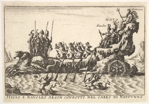 Plate 9: Argonauts Hicleus and Naucleus led in the float of Neptune (Hicleo e Naucleo Argon. condotti nel carro di Nattunno), from "The magnificent pageant on the river Arno in Florence for the marriage of the Grand Duke" (Le Magnifique carousel fait sur le fleuve de l'Arne a Florence, pour le mariage du Grand Duc) by anonymous, print, 1664