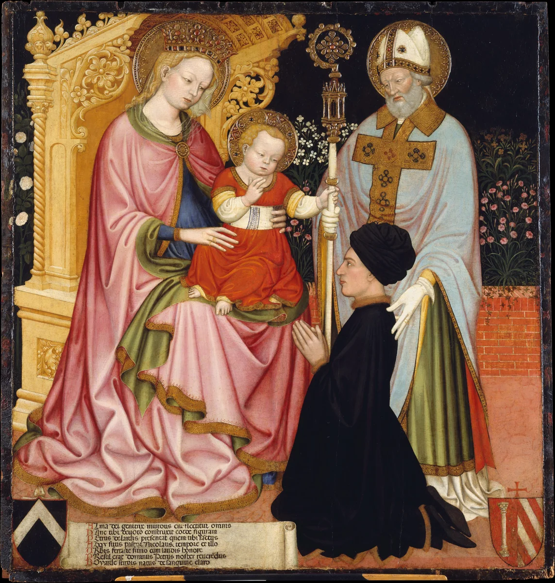 Madonna and Child with the Donor, Pietro de' Lardi, Presented by Saint Nicholas by Master G.Z., painting, 1420-1430