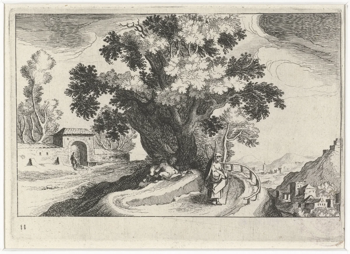 Heuvellandschap met vrijende figuren onder een boom by Simon Frisius, print, 1611