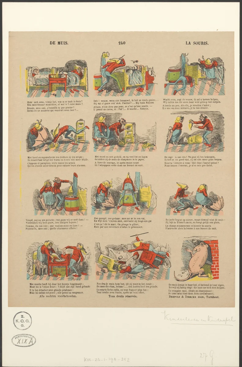 Man en vrouw proberen een muis te vangen by anonymous, print, 1833-1911