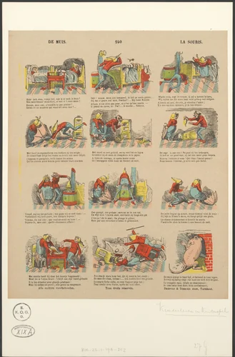 Man en vrouw proberen een muis te vangen by anonymous, print, 1833-1911