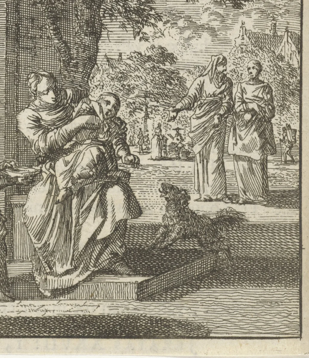 Moeder wast haar kind op de stoep voor het huis by Jan Luyken, print, 1712