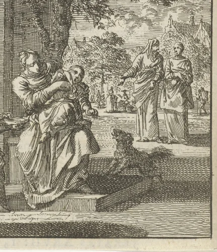 Moeder wast haar kind op de stoep voor het huis by Jan Luyken, print, 1712